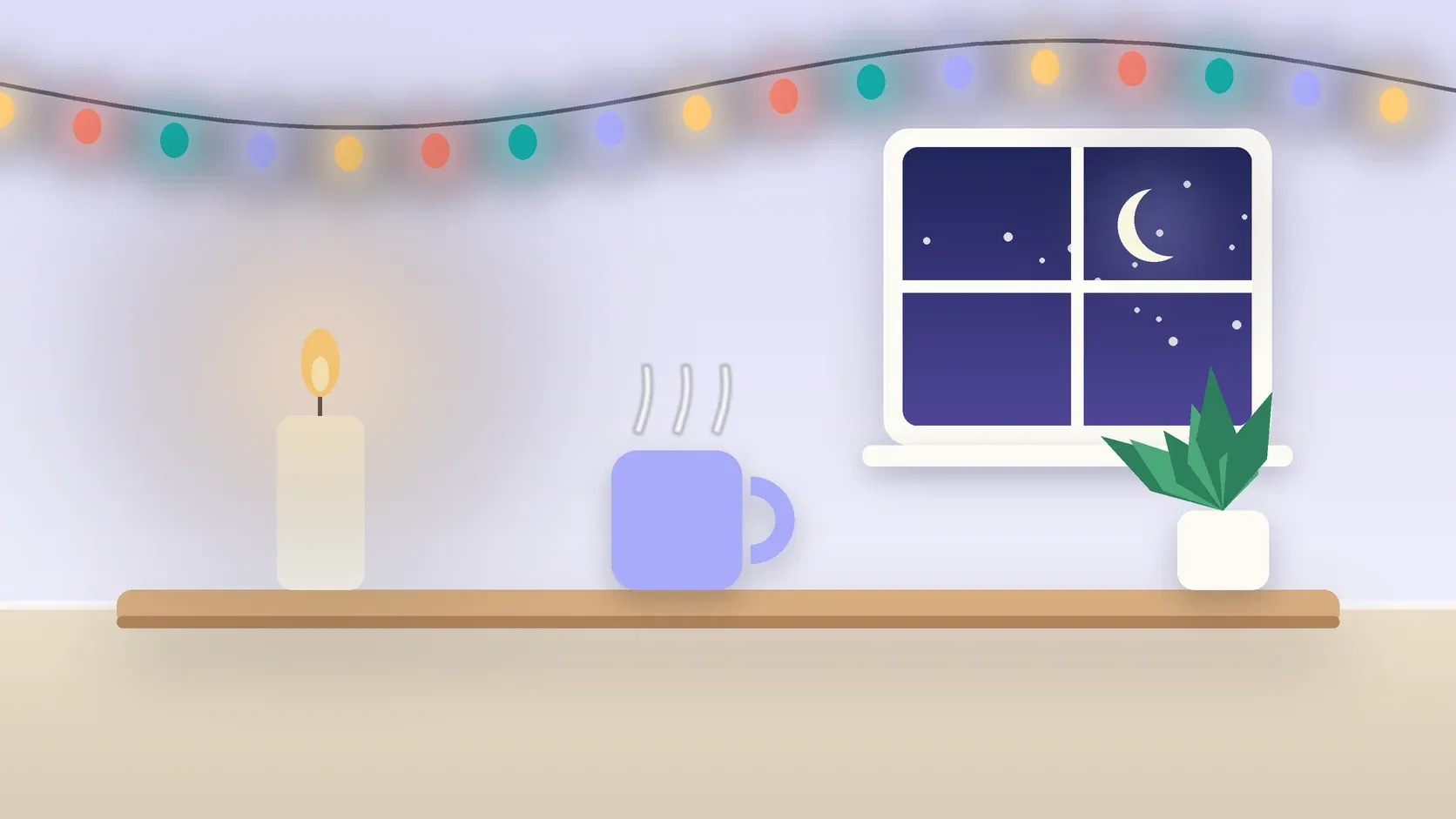 Illustration of string lights over a cozy table with a candle, a mug and a plant on a winter evening
