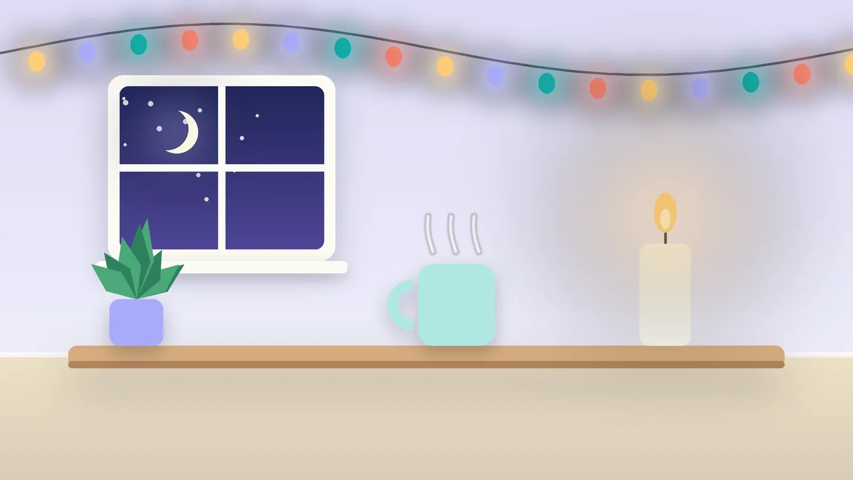 Illustration of string lights over a cozy table with a candle, a mug and a plant on a winter evening