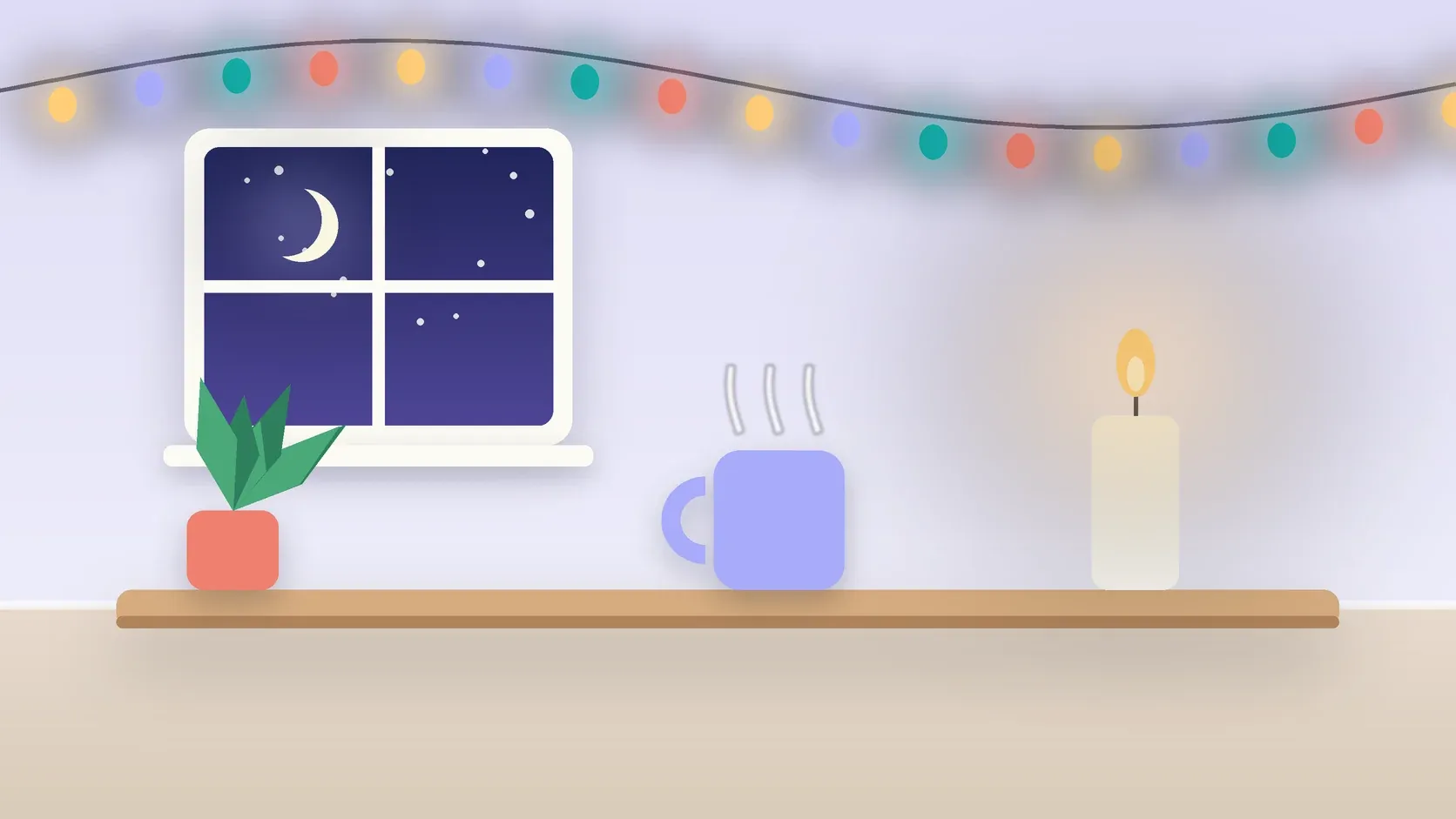 Illustration of string lights over a cozy table with a candle, a mug and a plant on a winter evening