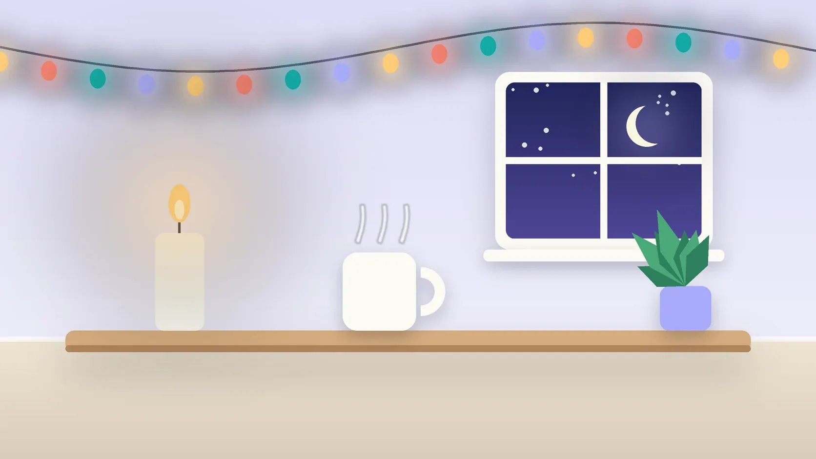 Illustration of string lights over a cozy table with a candle, a mug and a plant on a winter evening