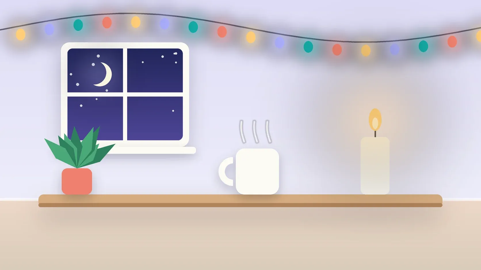 Illustration of string lights over a cozy table with a candle, a mug and a plant on a winter evening