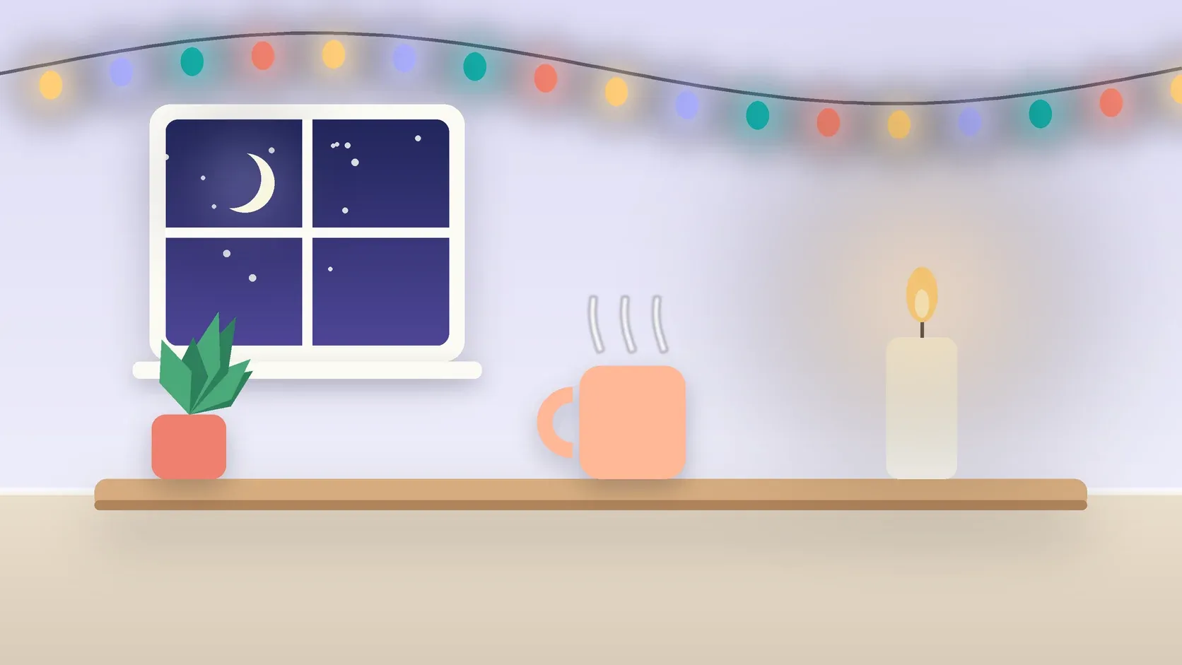Illustration of string lights over a cozy table with a candle, a mug and a plant on a winter evening