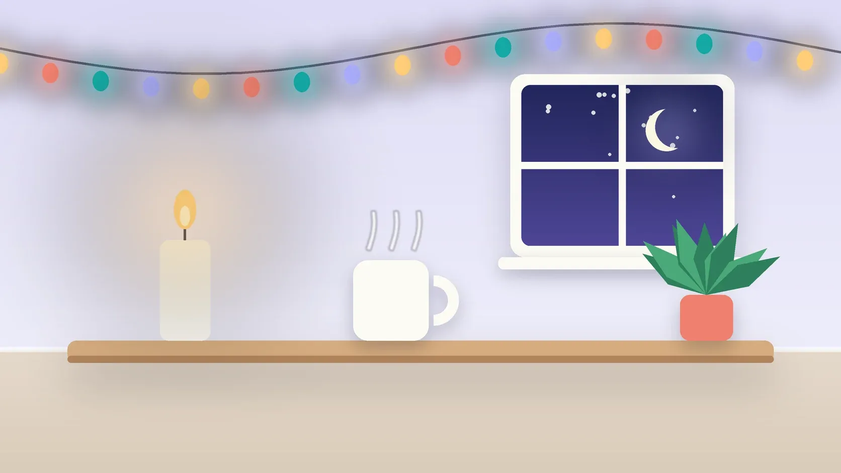 Illustration of string lights over a cozy table with a candle, a mug and a plant on a winter evening