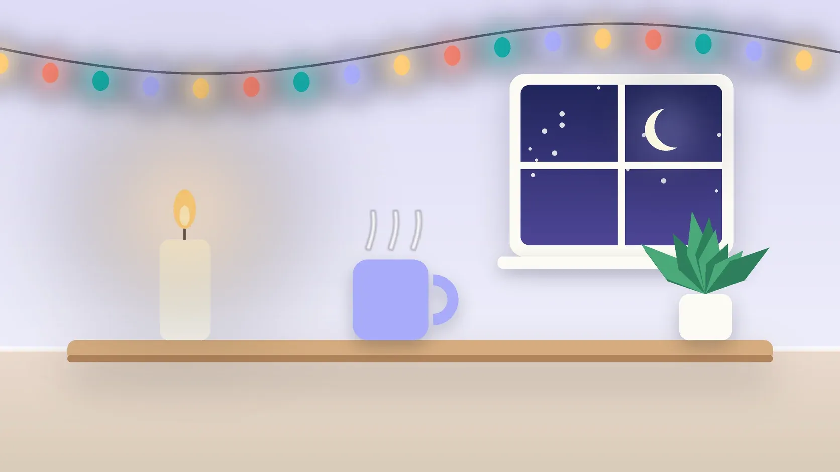 Illustration of string lights over a cozy table with a candle, a mug and a plant on a winter evening