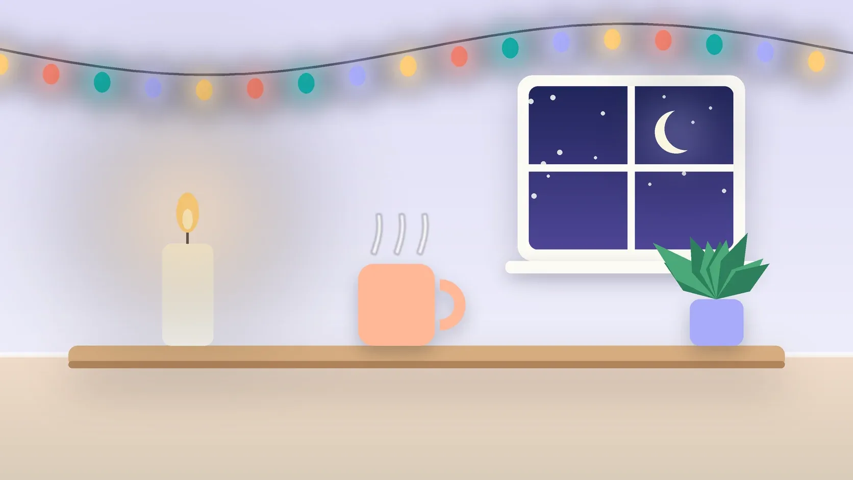 Illustration of string lights over a cozy table with a candle, a mug and a plant on a winter evening