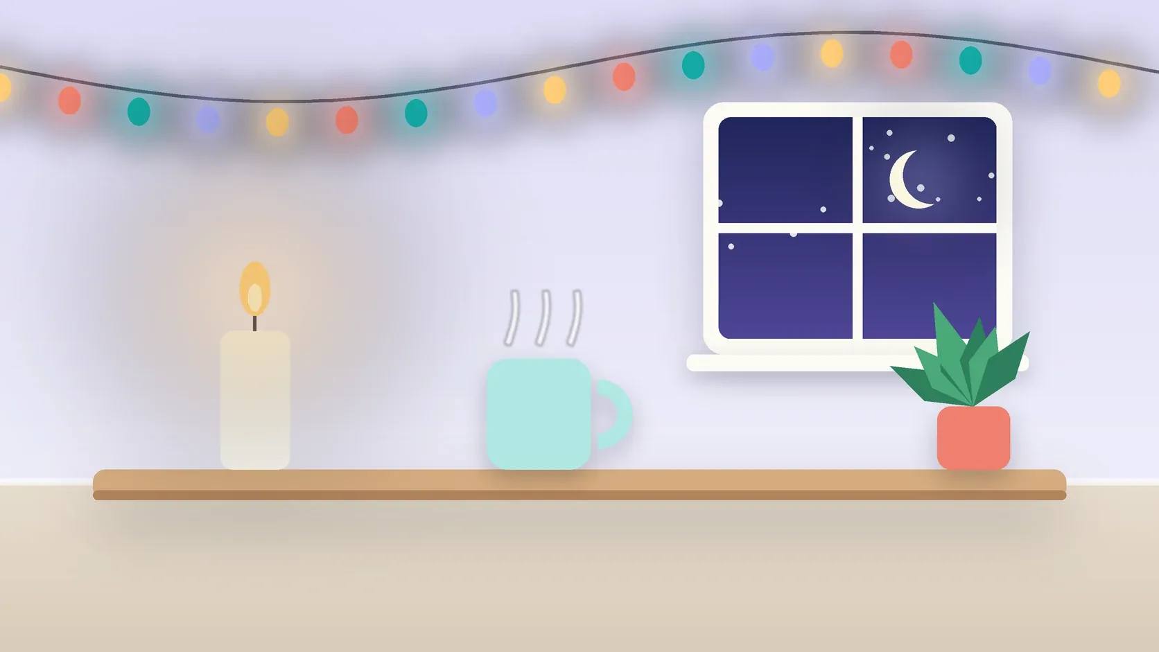 Illustration of string lights over a cozy table with a candle, a mug and a plant on a winter evening