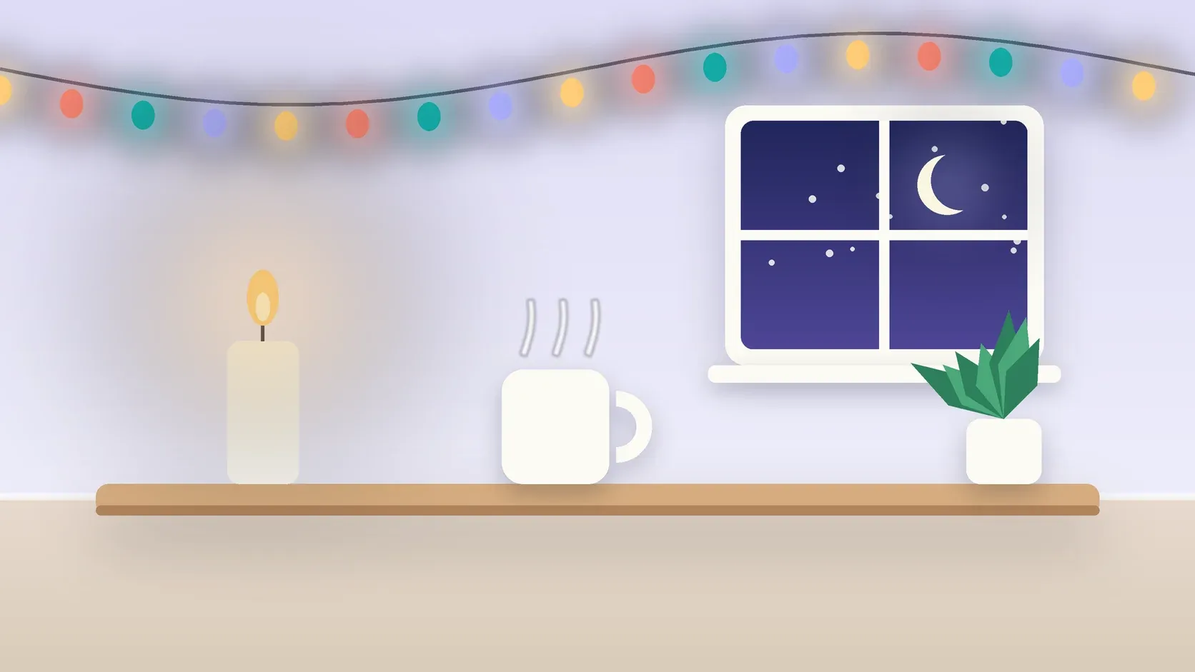 Illustration of string lights over a cozy table with a candle, a mug and a plant on a winter evening