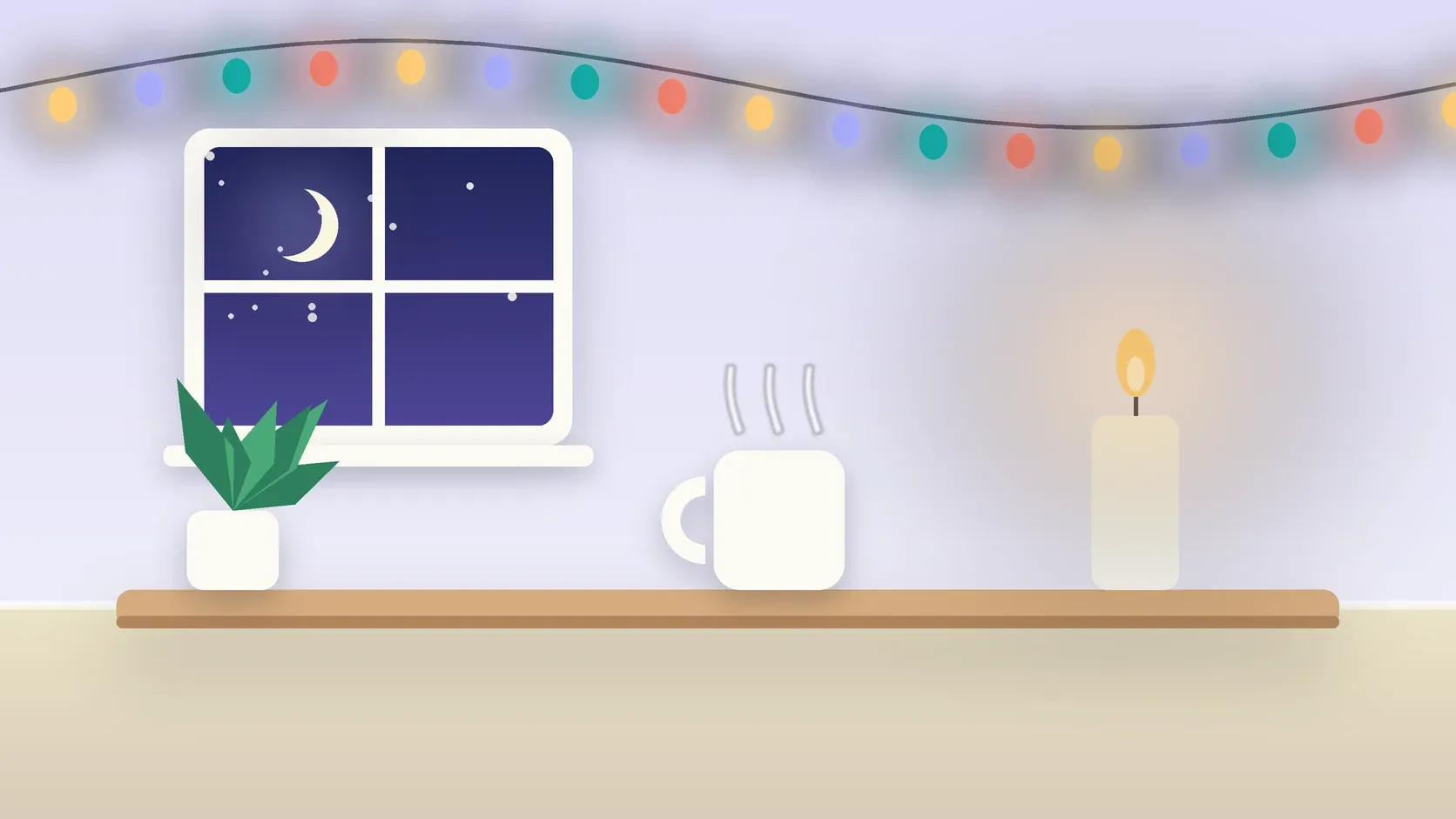Illustration of string lights over a cozy table with a candle, a mug and a plant on a winter evening