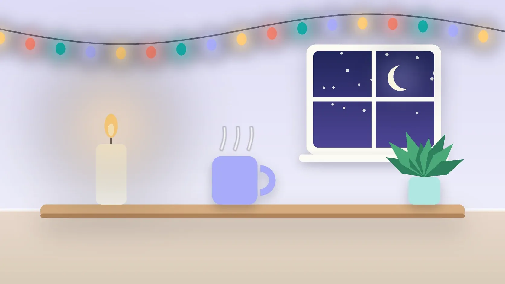 Illustration of string lights over a cozy table with a candle, a mug and a plant on a winter evening