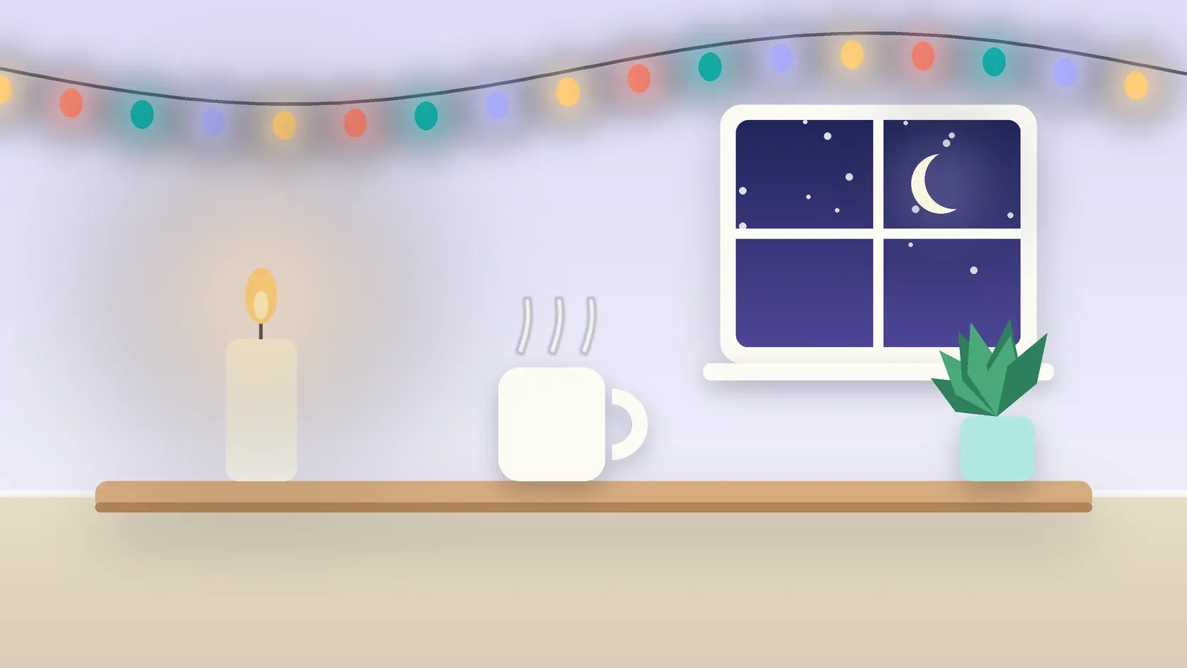 Illustration of string lights over a cozy table with a candle, a mug and a plant on a winter evening