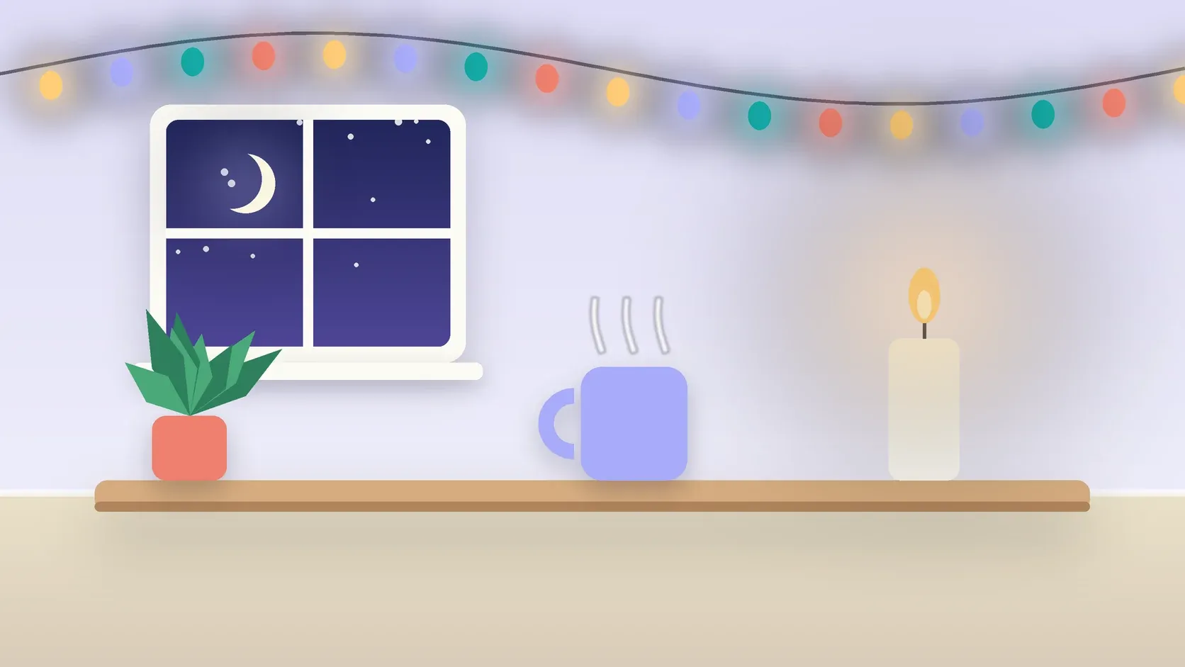 Illustration of string lights over a cozy table with a candle, a mug and a plant on a winter evening