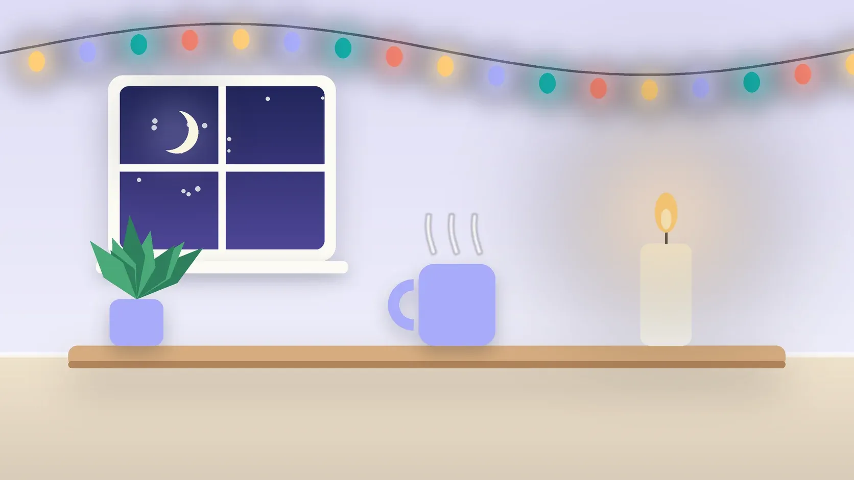 Illustration of string lights over a cozy table with a candle, a mug and a plant on a winter evening