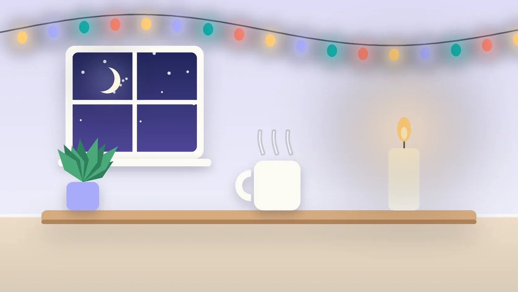 Illustration of string lights over a cozy table with a candle, a mug and a plant on a winter evening