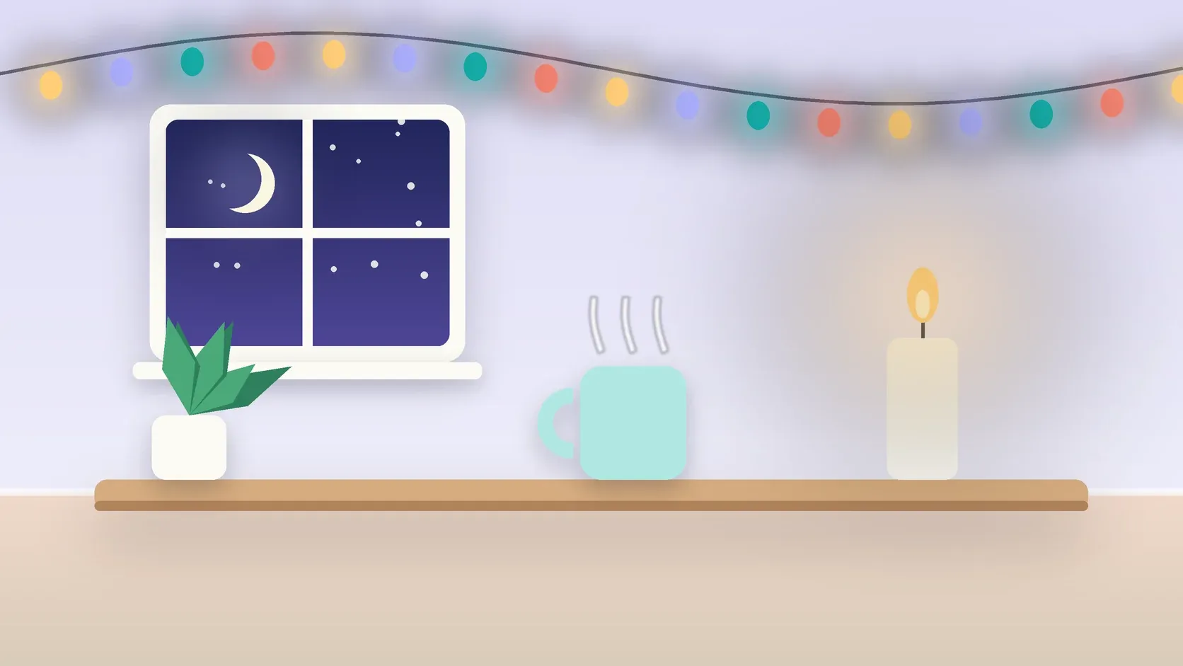 Illustration of string lights over a cozy table with a candle, a mug and a plant on a winter evening