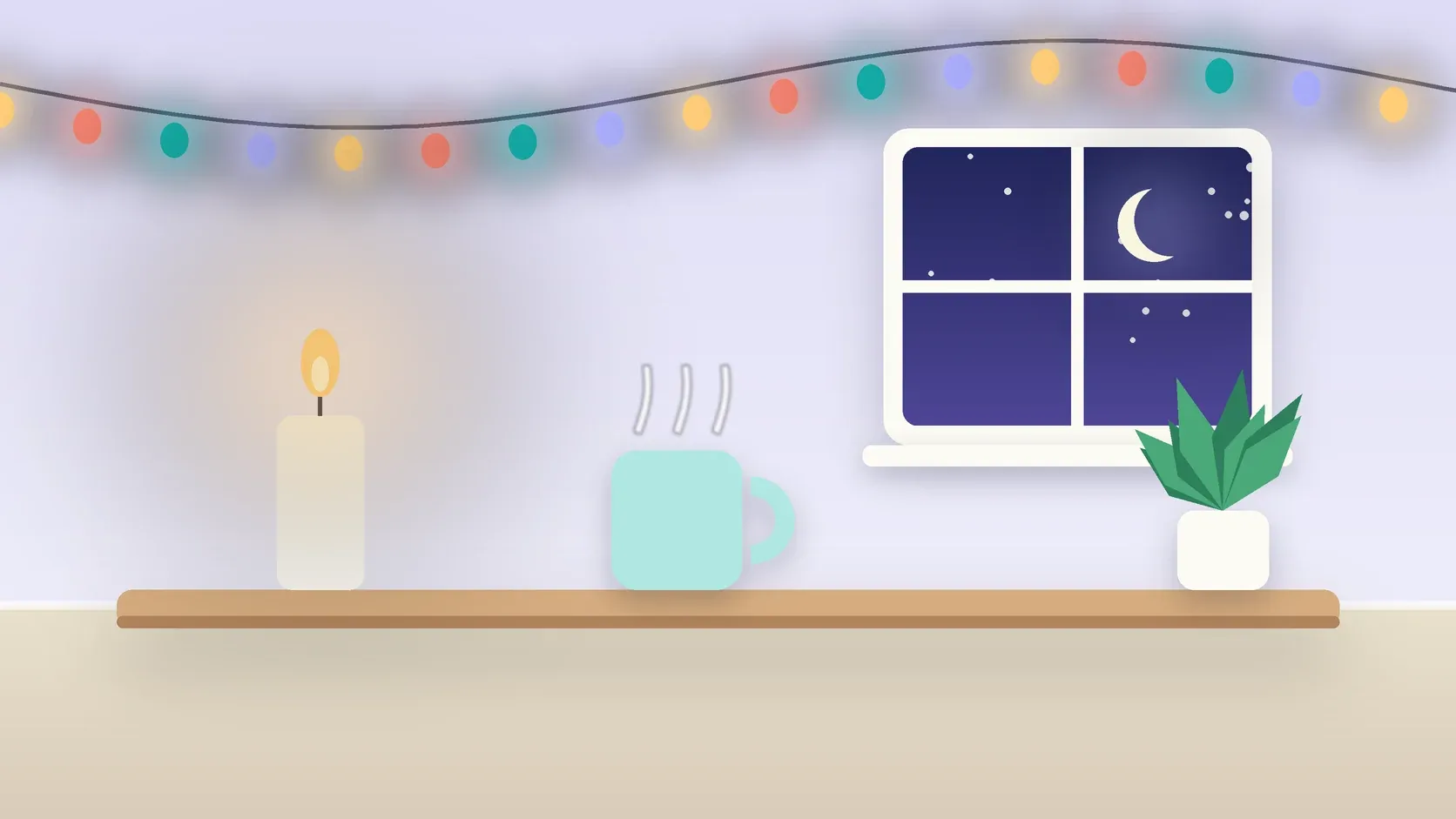 Illustration of string lights over a cozy table with a candle, a mug and a plant on a winter evening