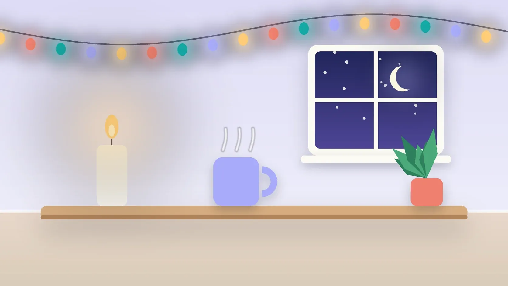 Illustration of string lights over a cozy table with a candle, a mug and a plant on a winter evening