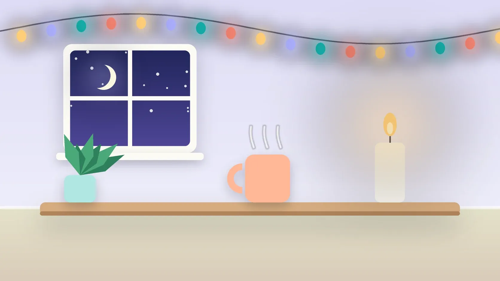Illustration of string lights over a cozy table with a candle, a mug and a plant on a winter evening
