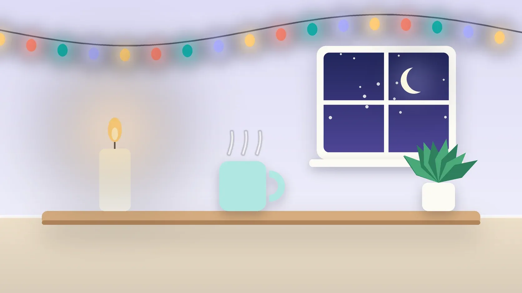 Illustration of string lights over a cozy table with a candle, a mug and a plant on a winter evening