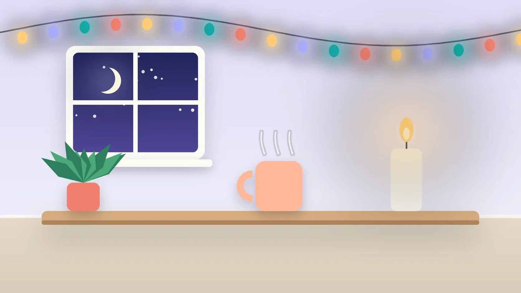 Illustration of string lights over a cozy table with a candle, a mug and a plant on a winter evening