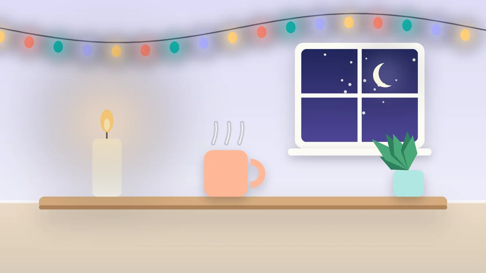Illustration of string lights over a cozy table with a candle, a mug and a plant on a winter evening
