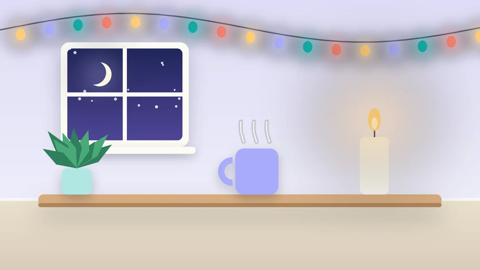 Illustration of string lights over a cozy table with a candle, a mug and a plant on a winter evening