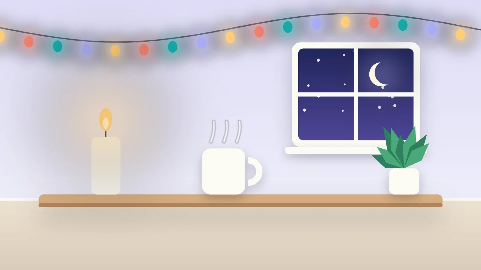 Illustration of string lights over a cozy table with a candle, a mug and a plant on a winter evening