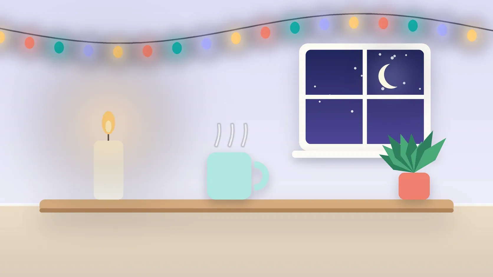 Illustration of string lights over a cozy table with a candle, a mug and a plant on a winter evening