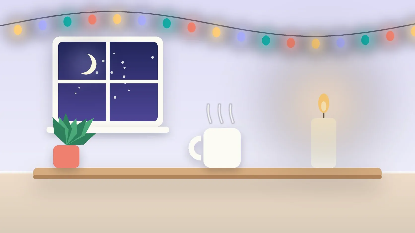 Illustration of string lights over a cozy table with a candle, a mug and a plant on a winter evening