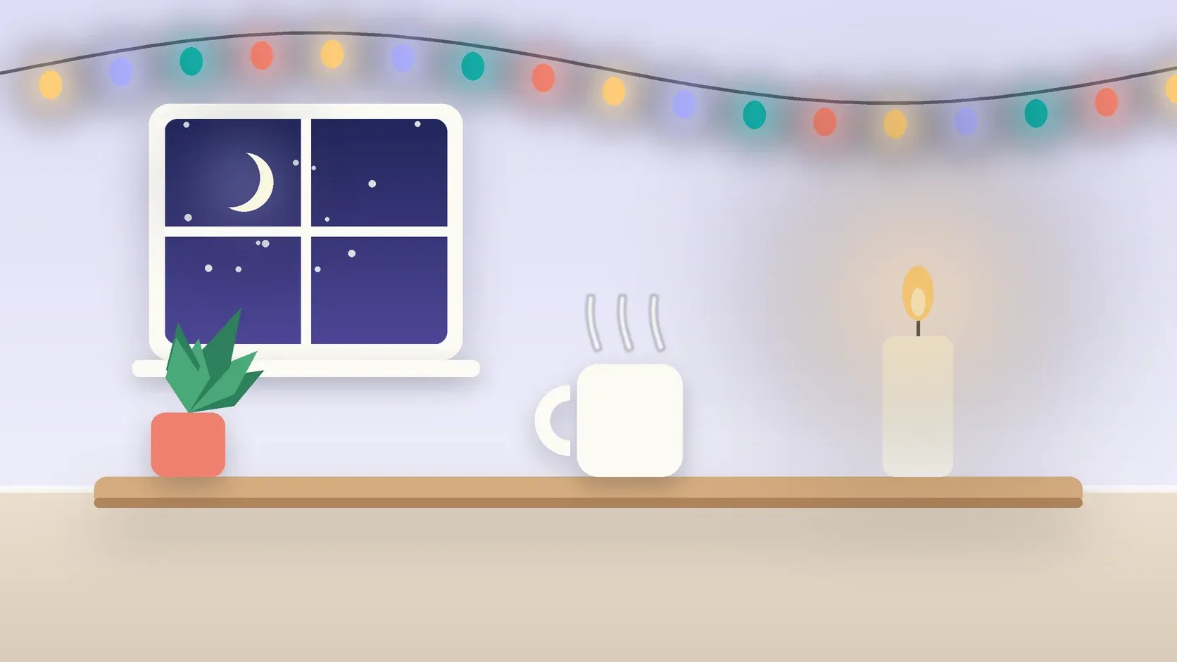 Illustration of string lights over a cozy table with a candle, a mug and a plant on a winter evening