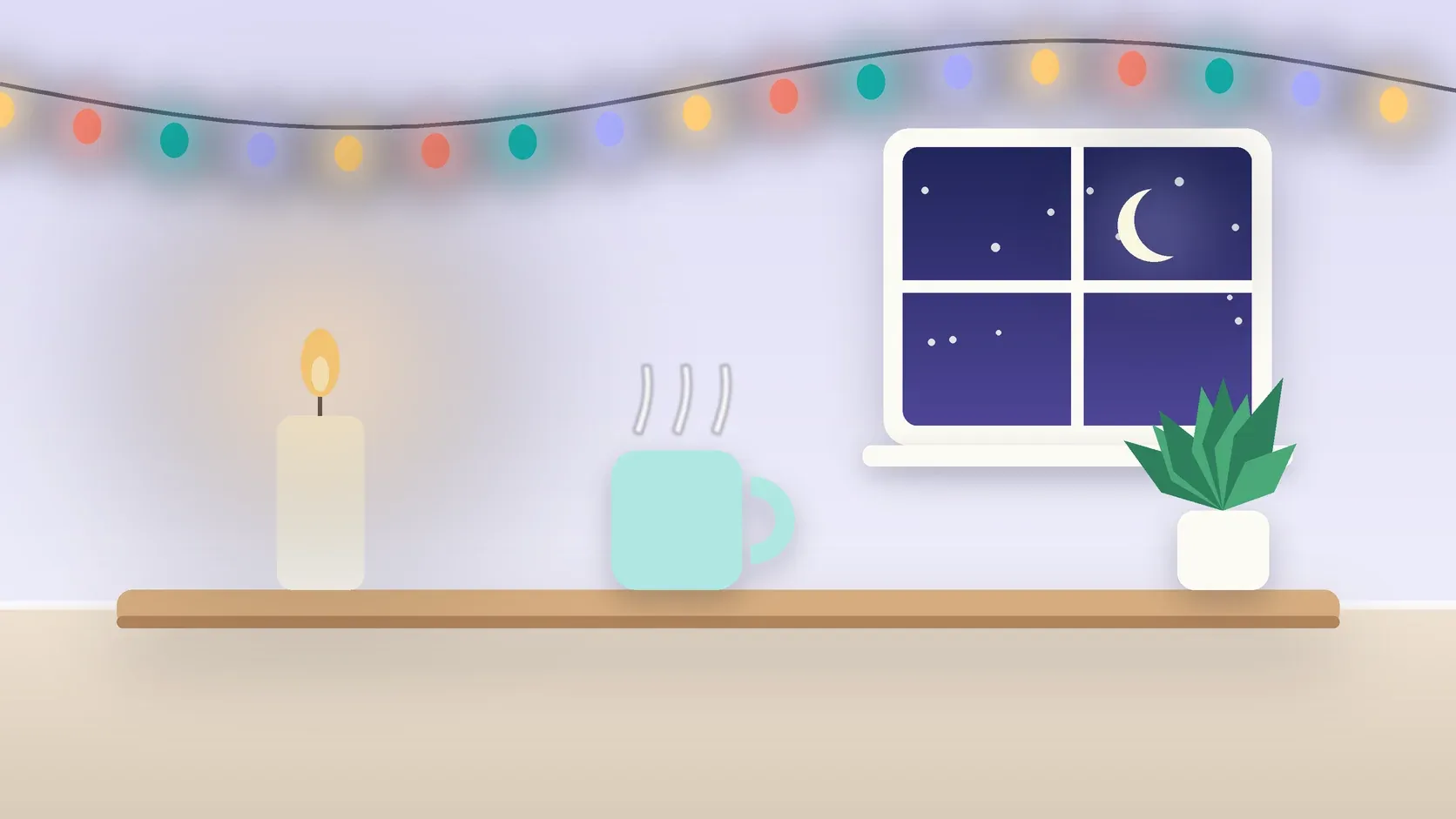 Illustration of string lights over a cozy table with a candle, a mug and a plant on a winter evening