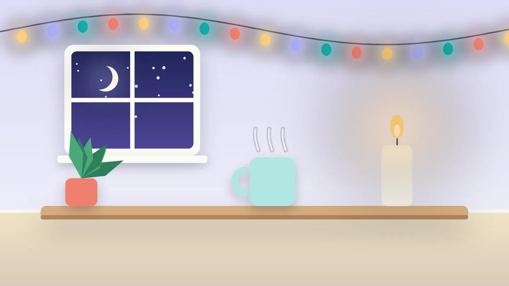Illustration of string lights over a cozy table with a candle, a mug and a plant on a winter evening