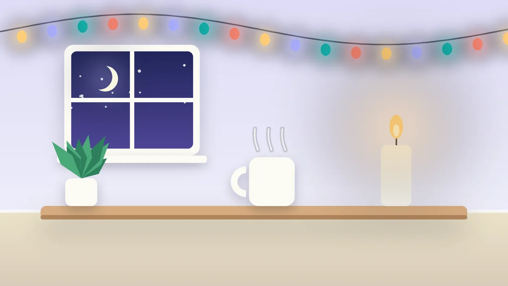 Illustration of string lights over a cozy table with a candle, a mug and a plant on a winter evening
