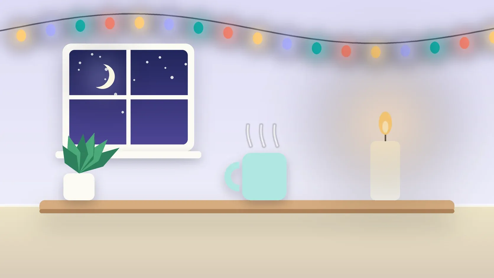 Illustration of string lights over a cozy table with a candle, a mug and a plant on a winter evening