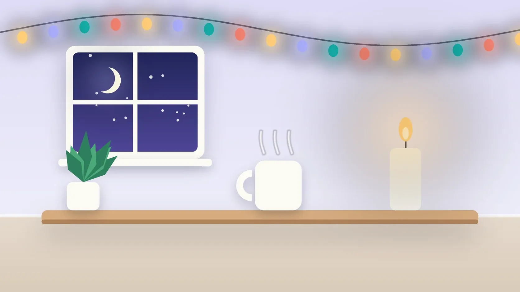 Illustration of string lights over a cozy table with a candle, a mug and a plant on a winter evening