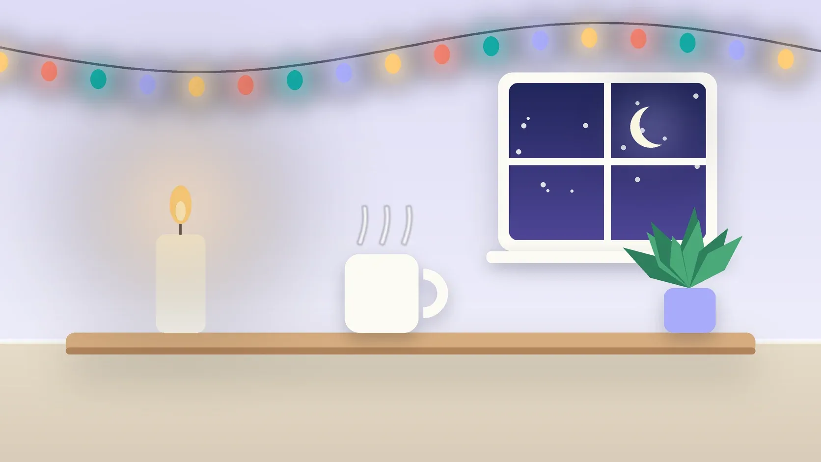 Illustration of string lights over a cozy table with a candle, a mug and a plant on a winter evening