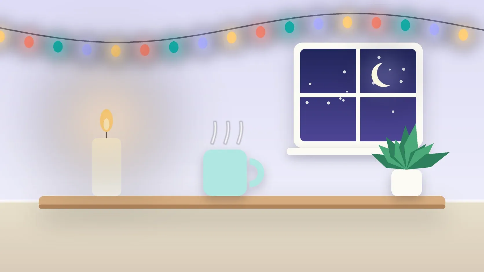 Illustration of string lights over a cozy table with a candle, a mug and a plant on a winter evening