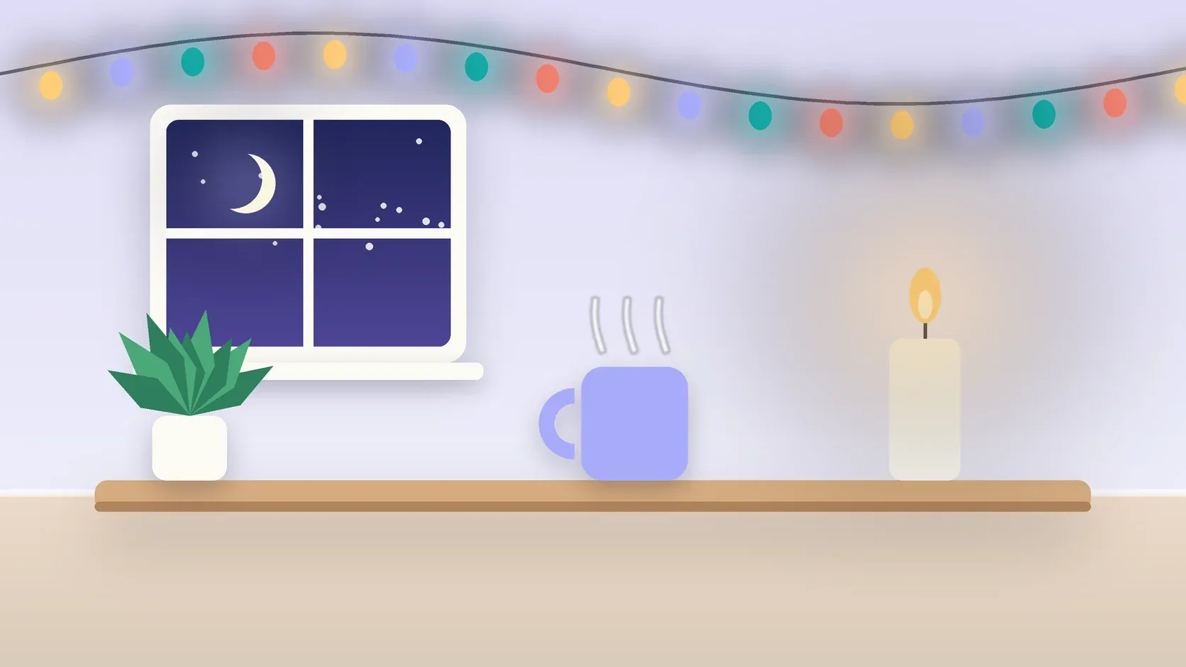 Illustration of string lights over a cozy table with a candle, a mug and a plant on a winter evening