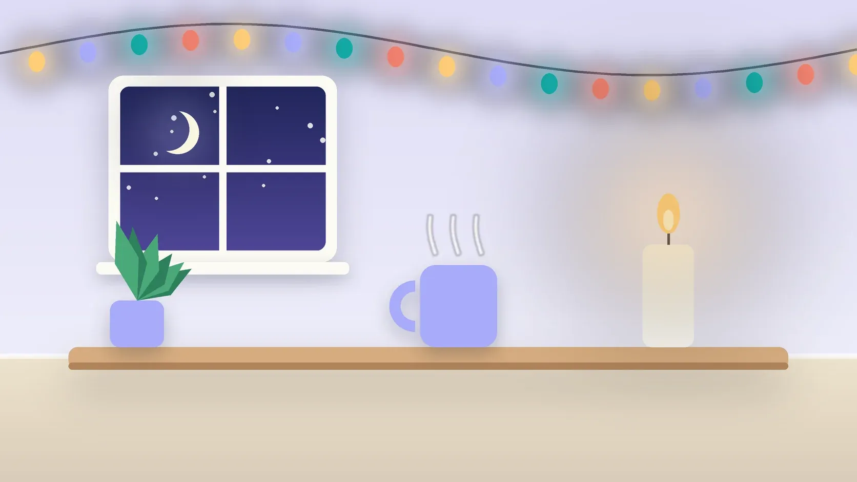 Illustration of string lights over a cozy table with a candle, a mug and a plant on a winter evening