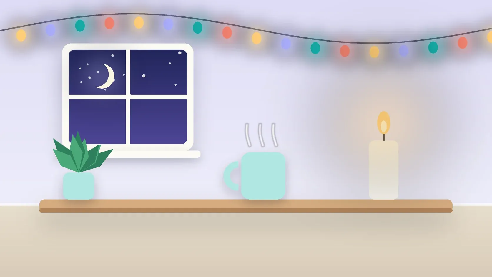 Illustration of string lights over a cozy table with a candle, a mug and a plant on a winter evening