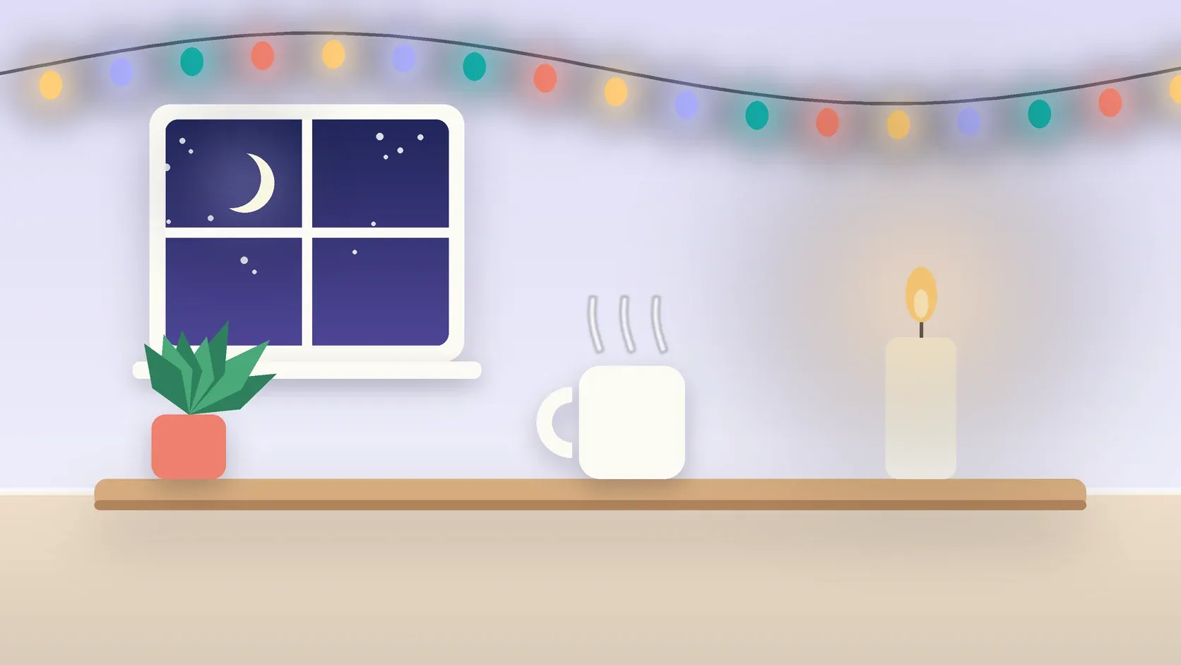 Illustration of string lights over a cozy table with a candle, a mug and a plant on a winter evening