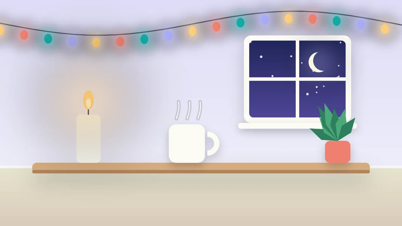 Illustration of string lights over a cozy table with a candle, a mug and a plant on a winter evening