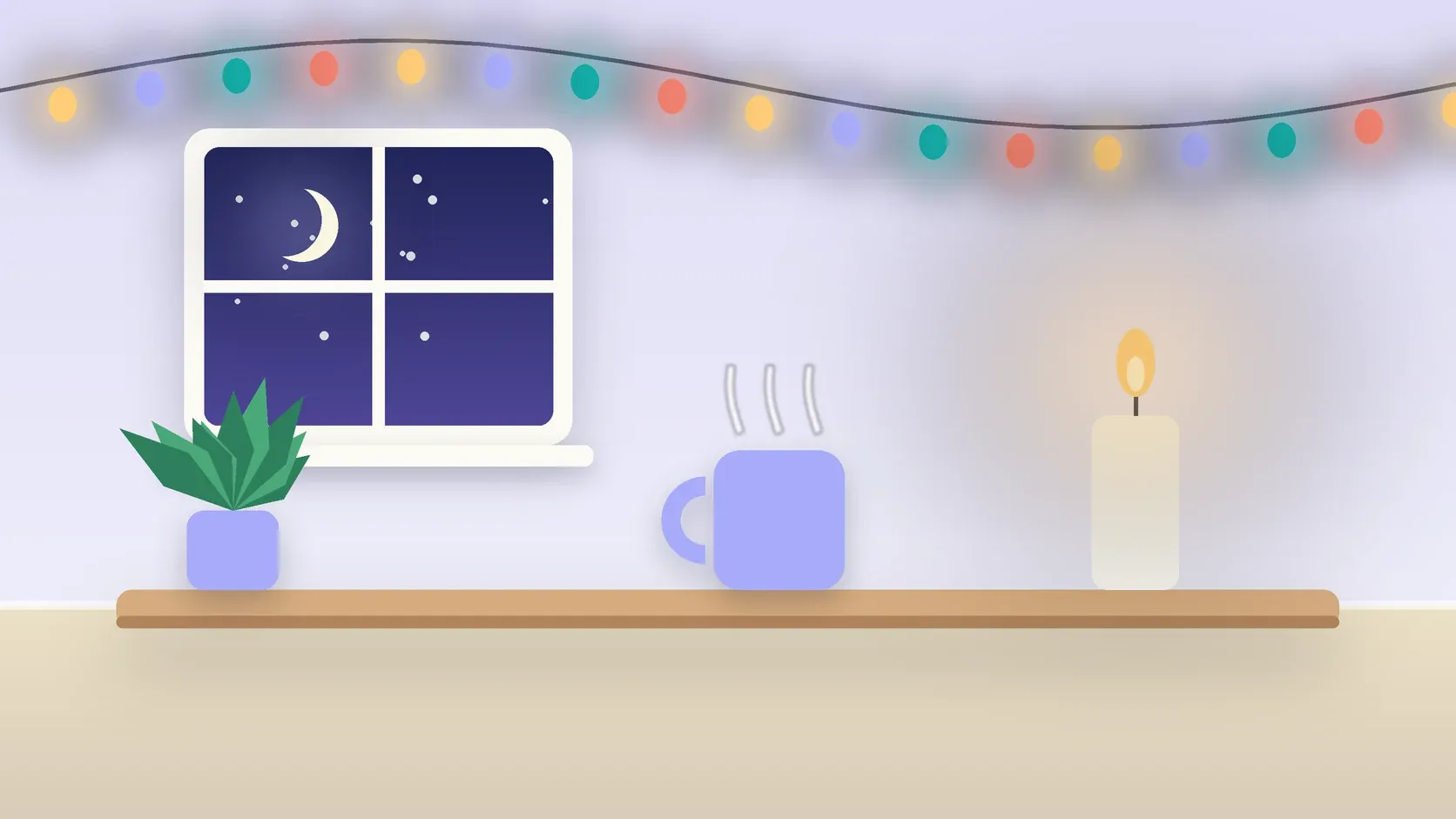 Illustration of string lights over a cozy table with a candle, a mug and a plant on a winter evening