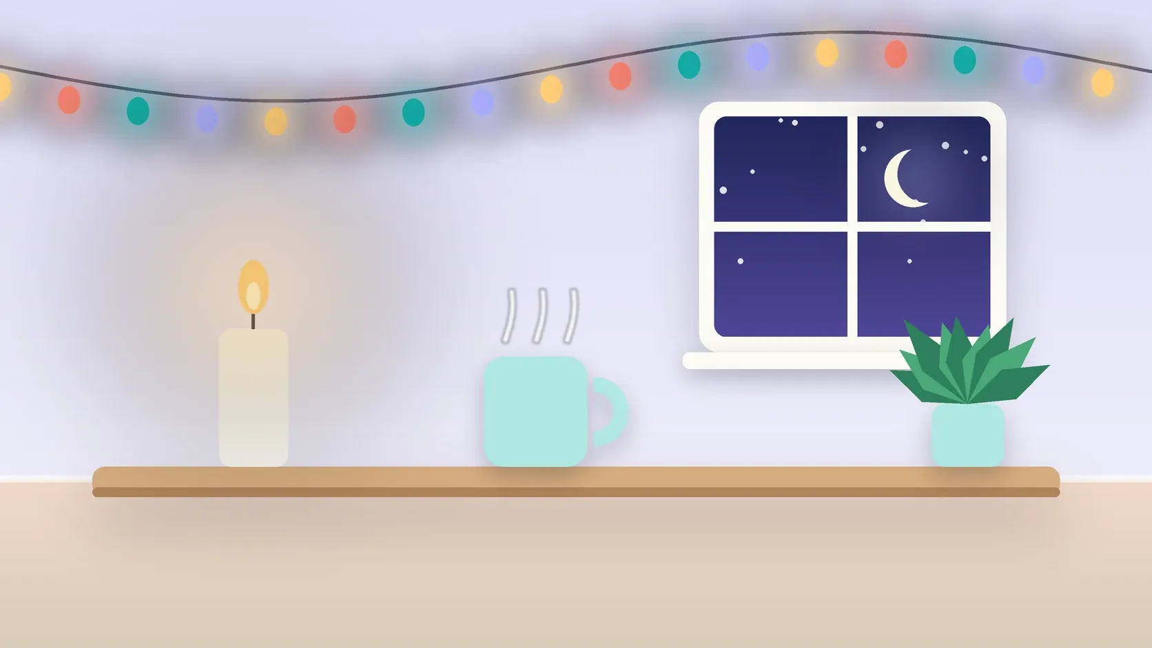 Illustration of string lights over a cozy table with a candle, a mug and a plant on a winter evening