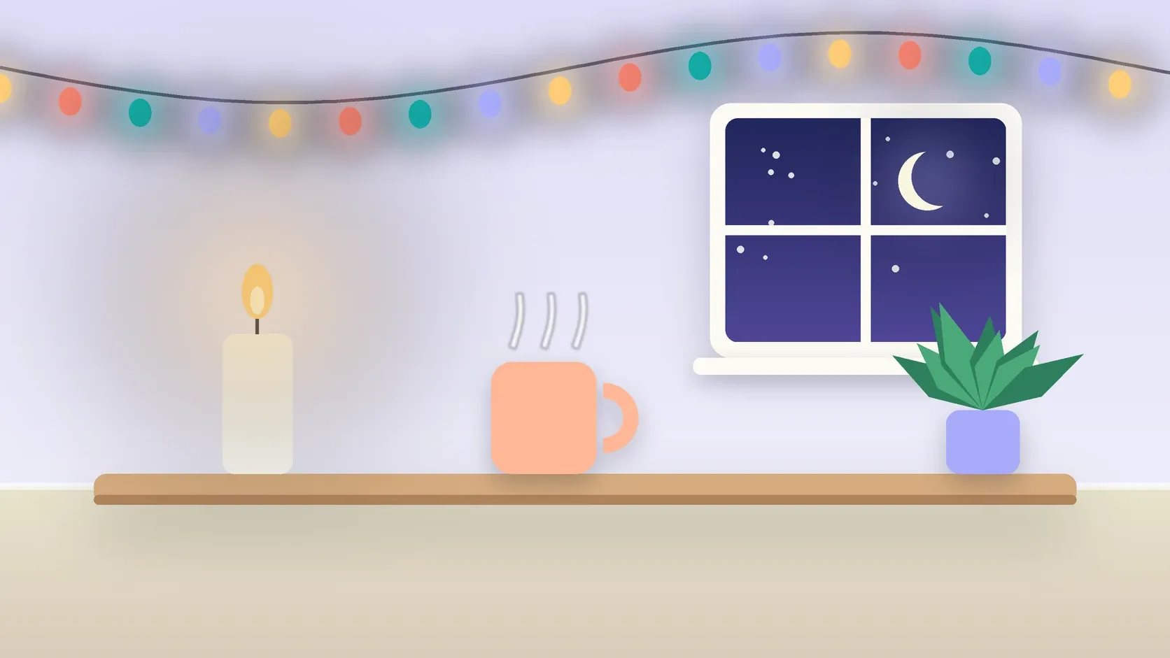 Illustration of string lights over a cozy table with a candle, a mug and a plant on a winter evening
