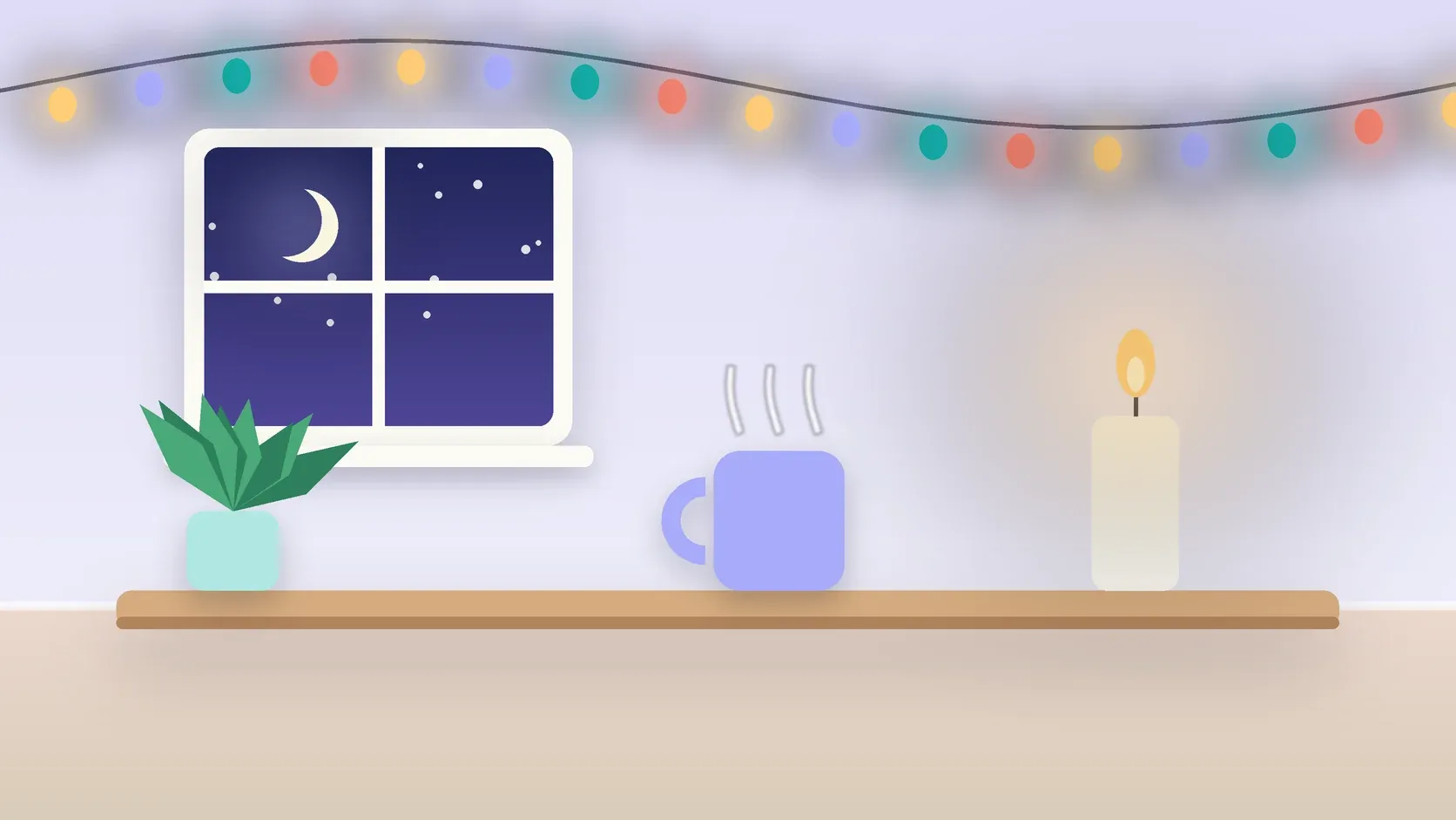 Illustration of string lights over a cozy table with a candle, a mug and a plant on a winter evening