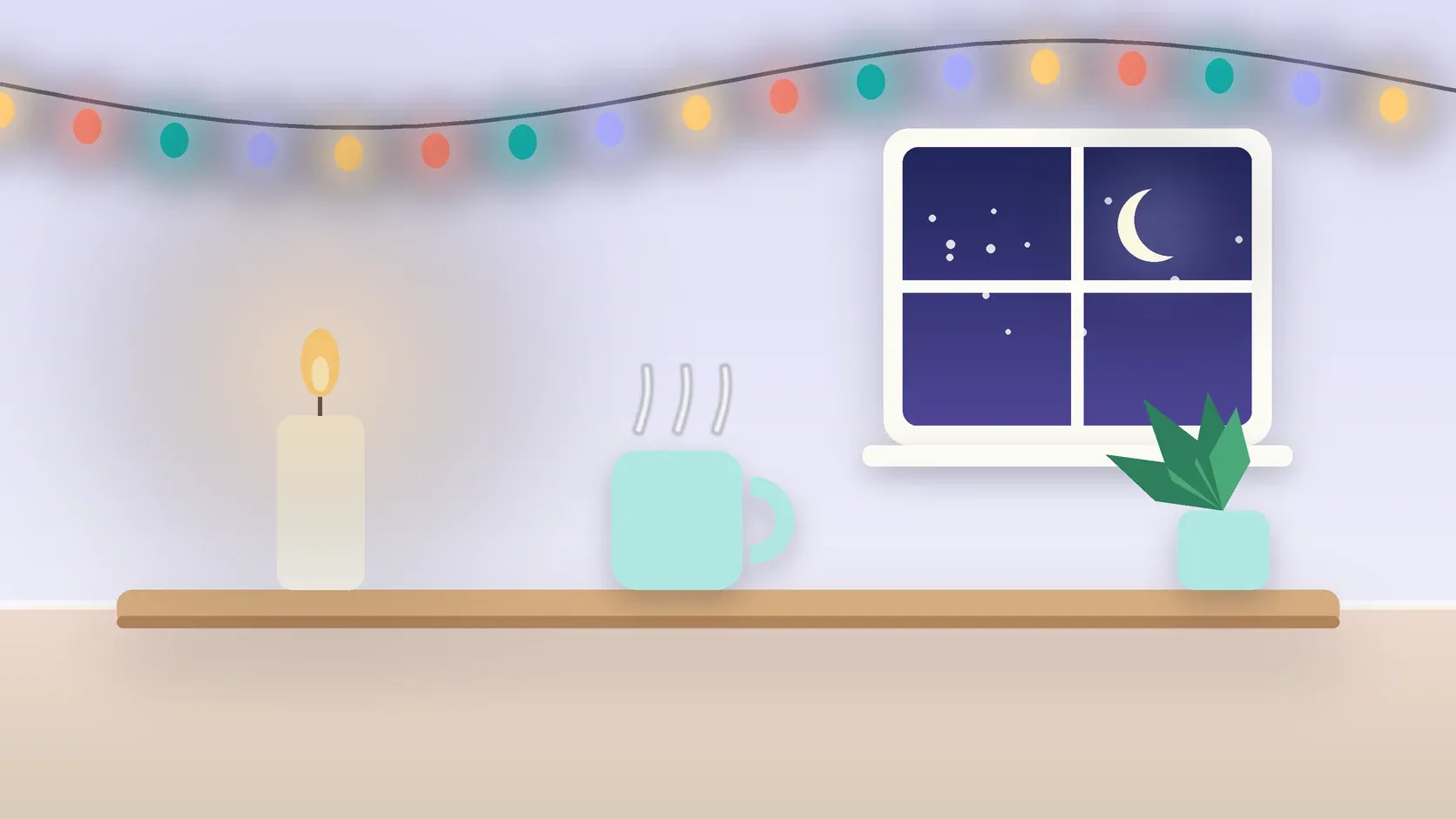 Illustration of string lights over a cozy table with a candle, a mug and a plant on a winter evening