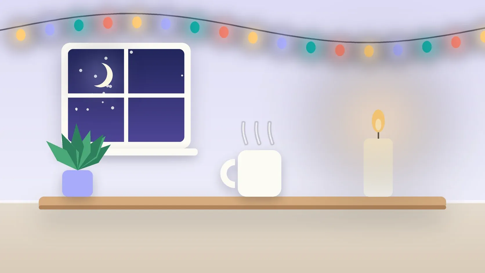 Illustration of string lights over a cozy table with a candle, a mug and a plant on a winter evening