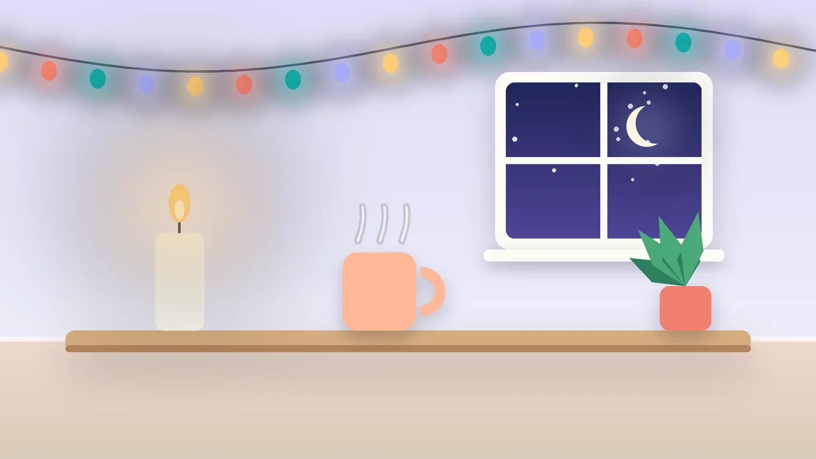 Illustration of string lights over a cozy table with a candle, a mug and a plant on a winter evening