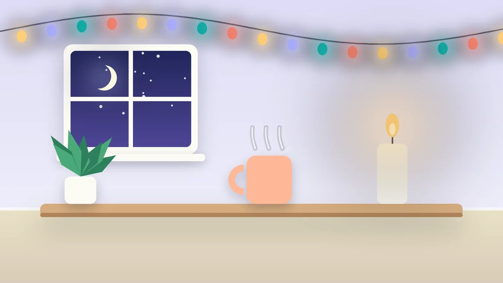 Illustration of string lights over a cozy table with a candle, a mug and a plant on a winter evening