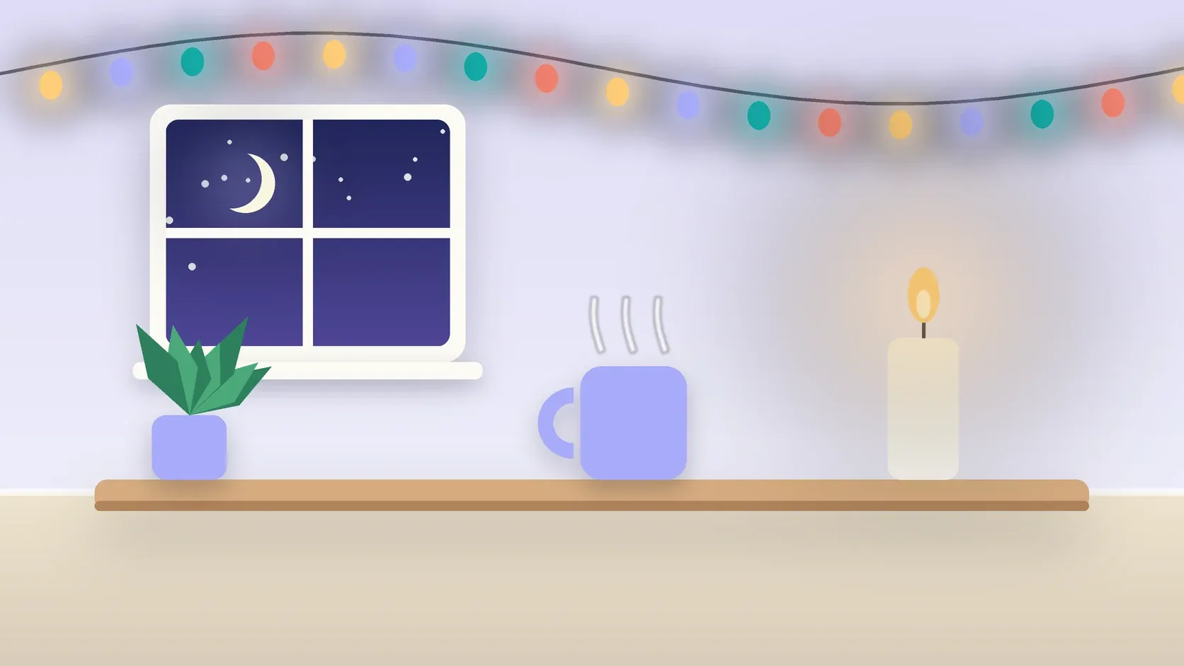Illustration of string lights over a cozy table with a candle, a mug and a plant on a winter evening